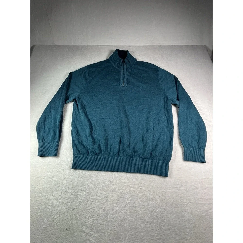 Nautica Mens Teal Blue 1/4 Zip Cotton Knit Pullover Sweater XL Extra Large